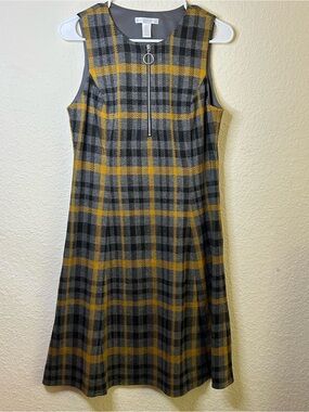 London Times Sleeveless Plaid Shift Dress Front Zip Yellow & Gray Clueless Y2K 8